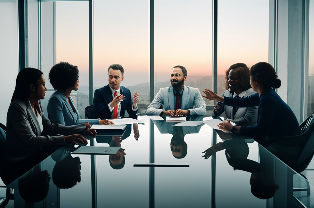 Professional team meeting at corporate headquarters